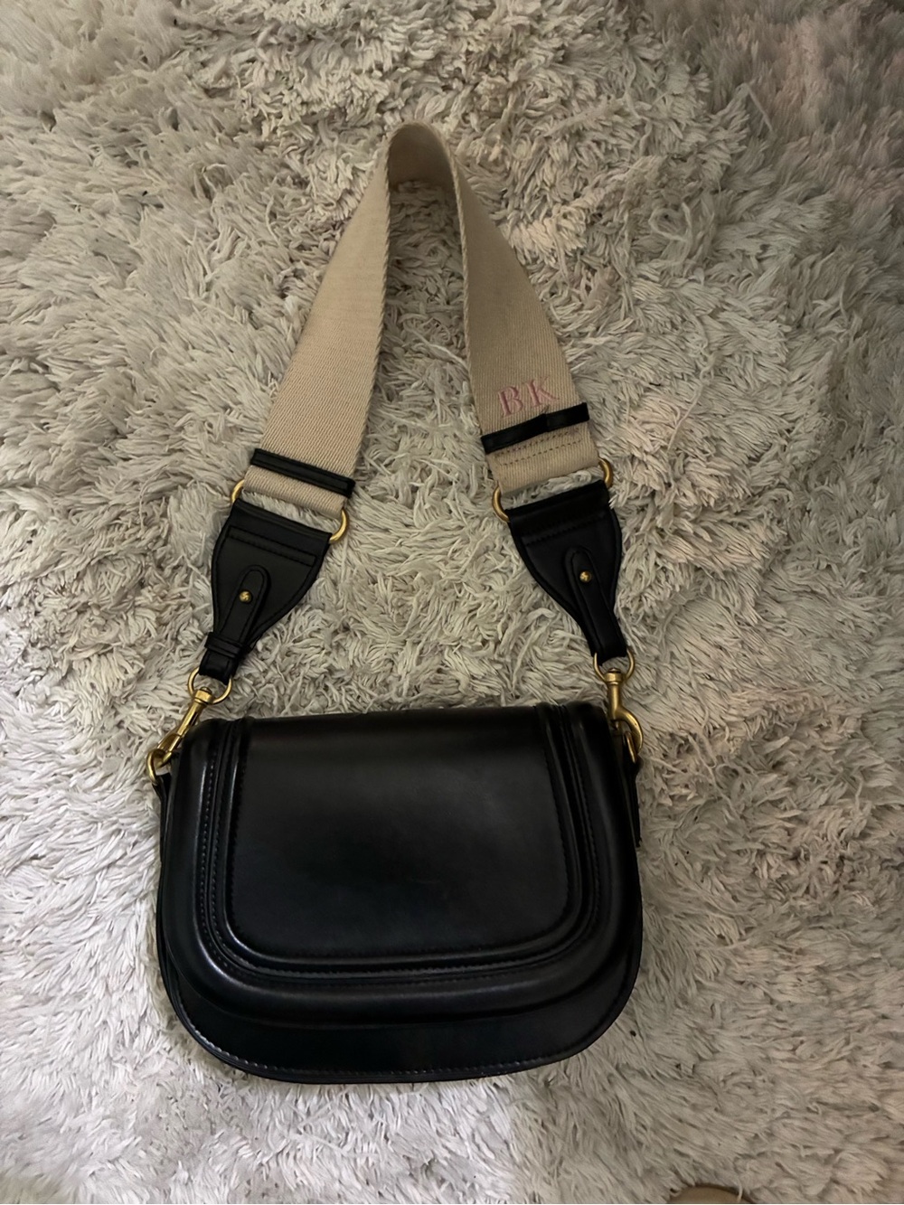 Zara Black Leather Crossbody with Beige Canvas Strap